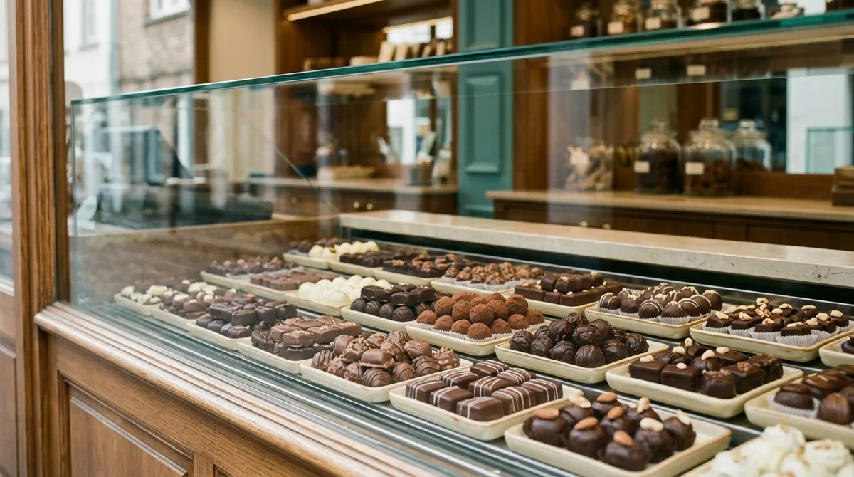 Vitrine de bonbons de chocolat d’une chocolaterie